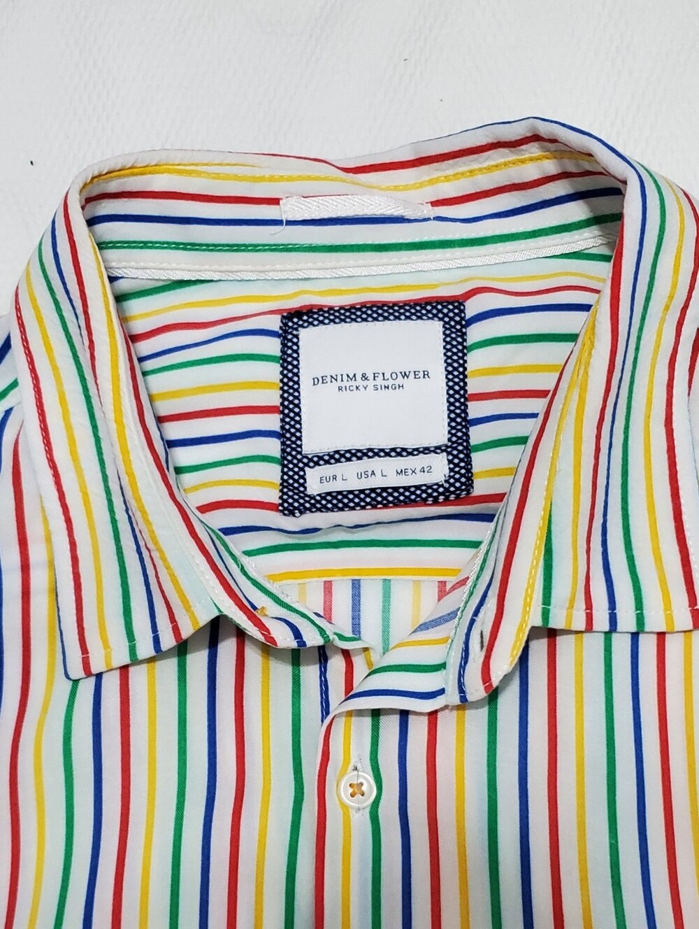 Denim & Flower Rainbow Stripe Short Sleeve Button Down Shirt Mens Large - Picture 3 of 6